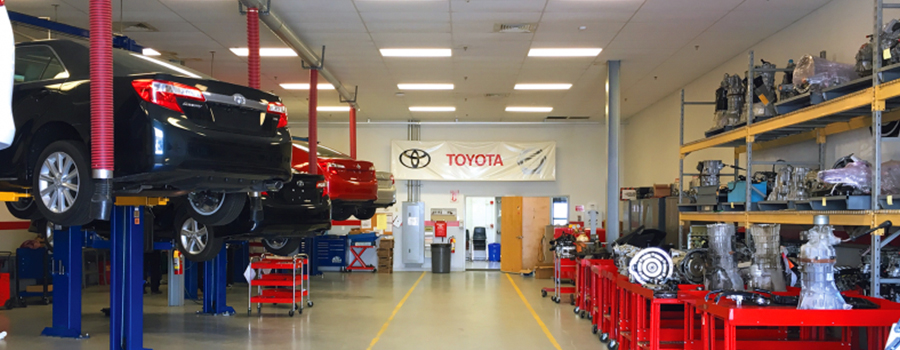 Toyota shop kept with supplies operating and workspace clean