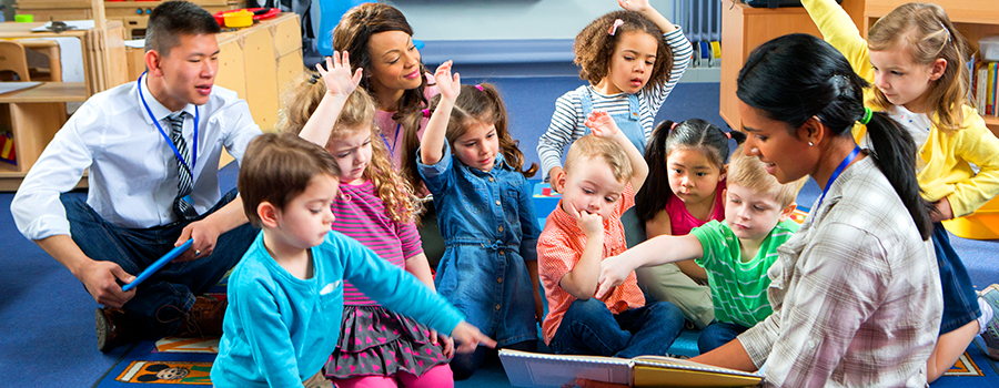 Three teachers observing children's performance, behavior, social development, and physical health