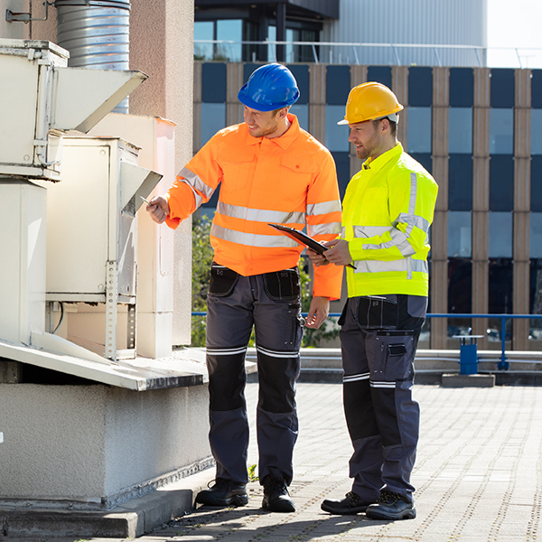 Two Electricians Men Wearing Safety Jackets Checking Air Conditioning Unit On Building Rooftop