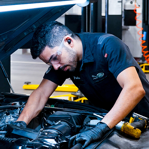 Technician diagnosing and repairing Jaguars and Land Rovers.